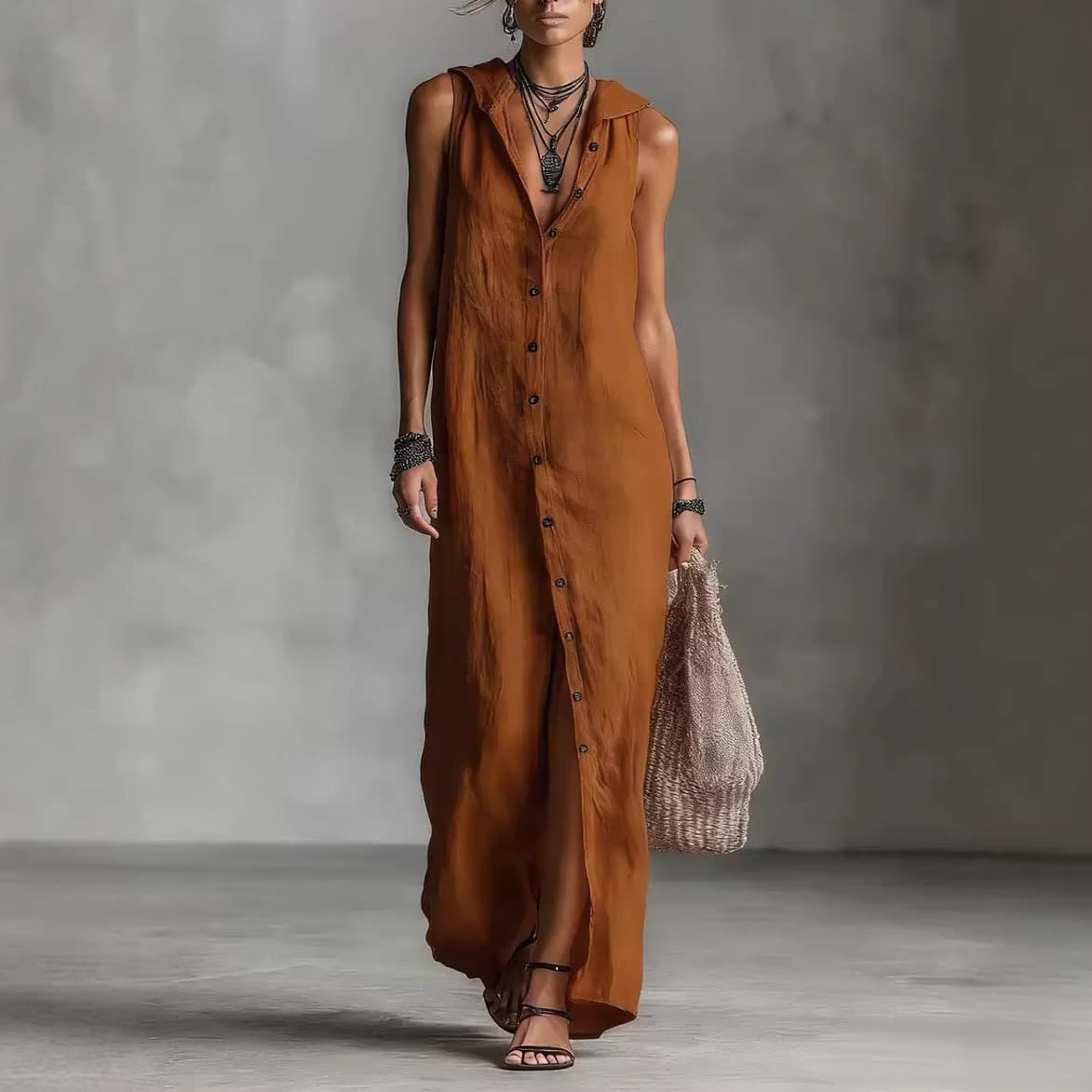 Без Ракави со Качулка Макси Фустан со Копче Placket Женски color variant