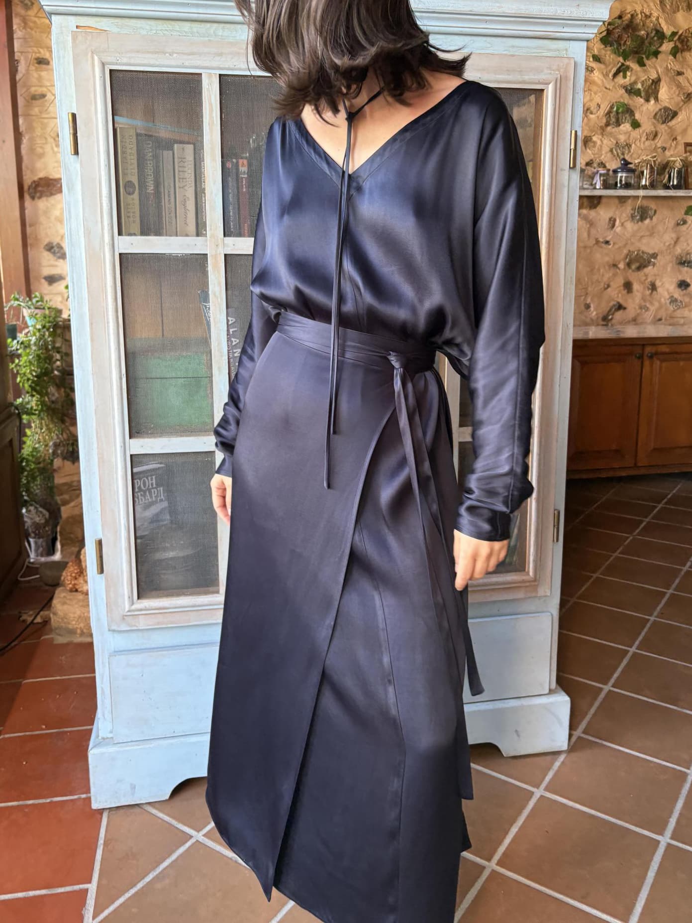 Navy Blue Satin Tie-waist Slit Long Sleeve Maxi Dress 1