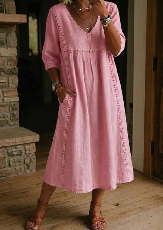 Кежуал Широк V-Деколте Тантелски Trim Ланен Памук Фустан color variant