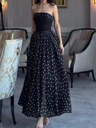 Black Strapless Polka Dot Full Skirt Maxi Dress 1