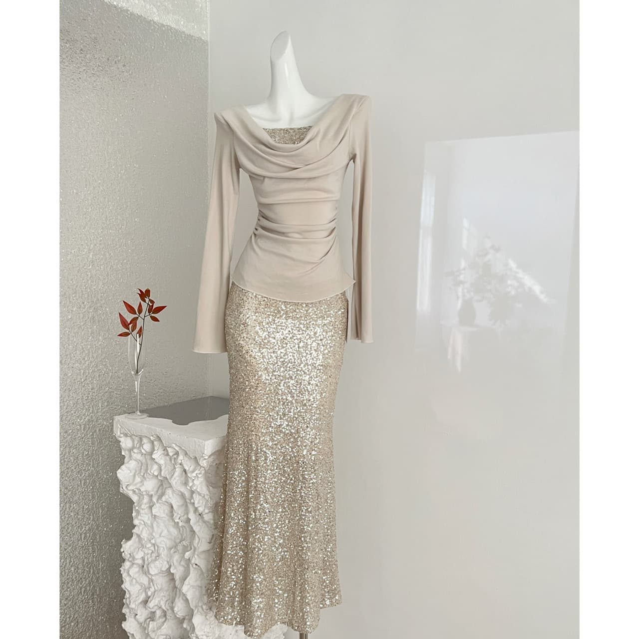 Champagne Gold Sequin Two-piece Evening Gown Set Ruched Top 1