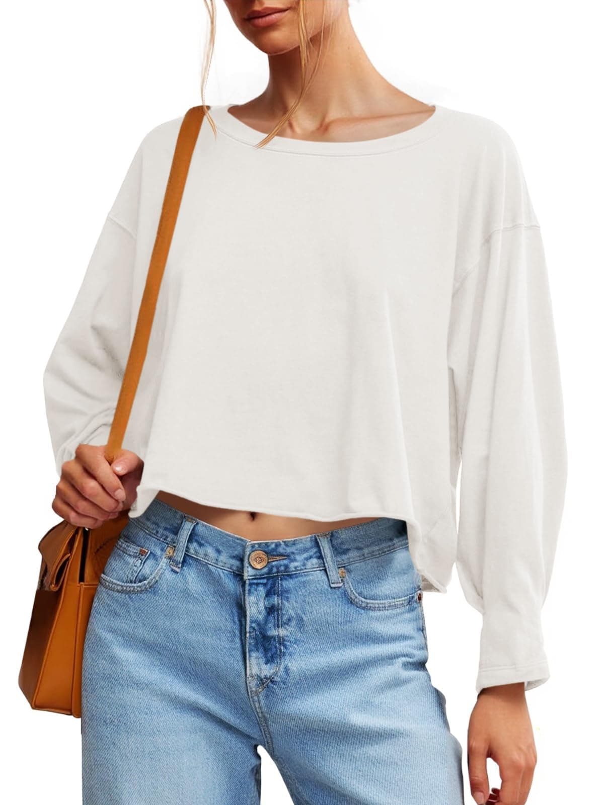 Fisoew Женски Долги Ракави Crop Tops Широк Крој Облеtка Деколте color variant