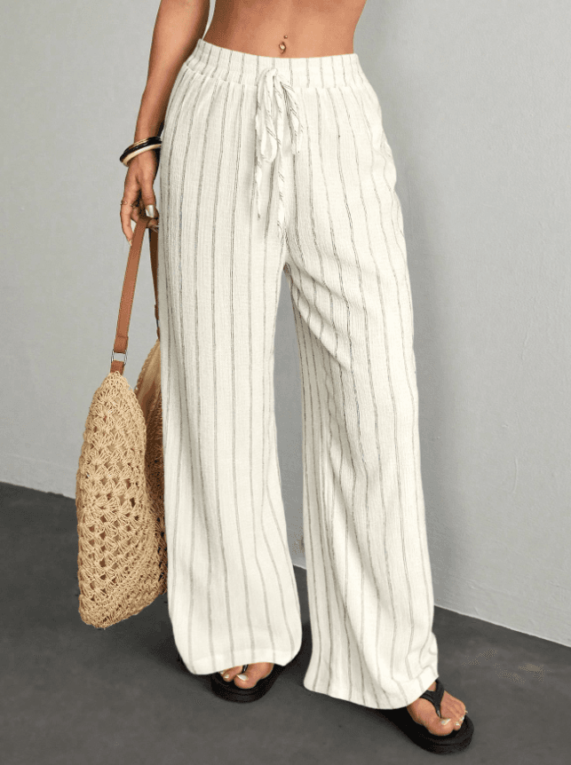 Textured Striped Wide-leg Pants for Women, Elastic Waist 1