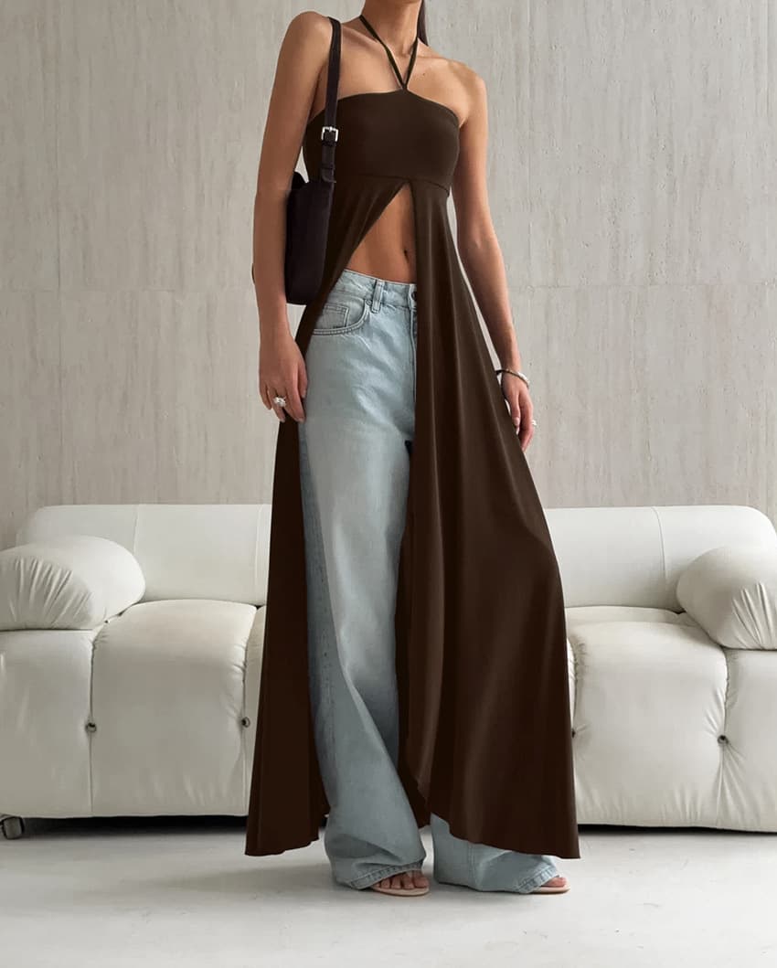 Halter-neck Sleeveless Strapless High Slit Dress 1