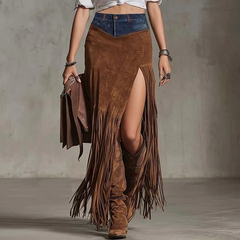 Patchwork Maxi Skirt with Fringe Hem and High Side Slit 1