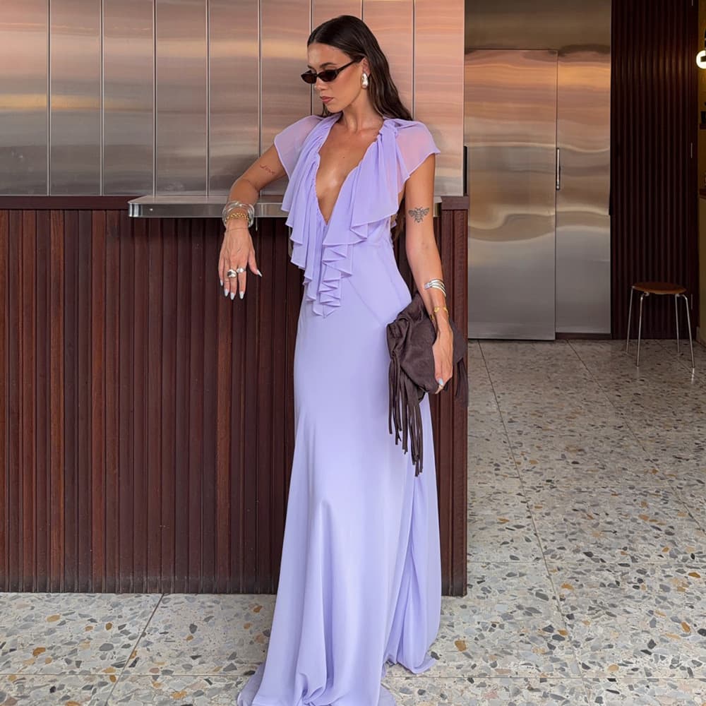 Resort V-neck Layered Ruffle Tie-up Fitted Dress 1