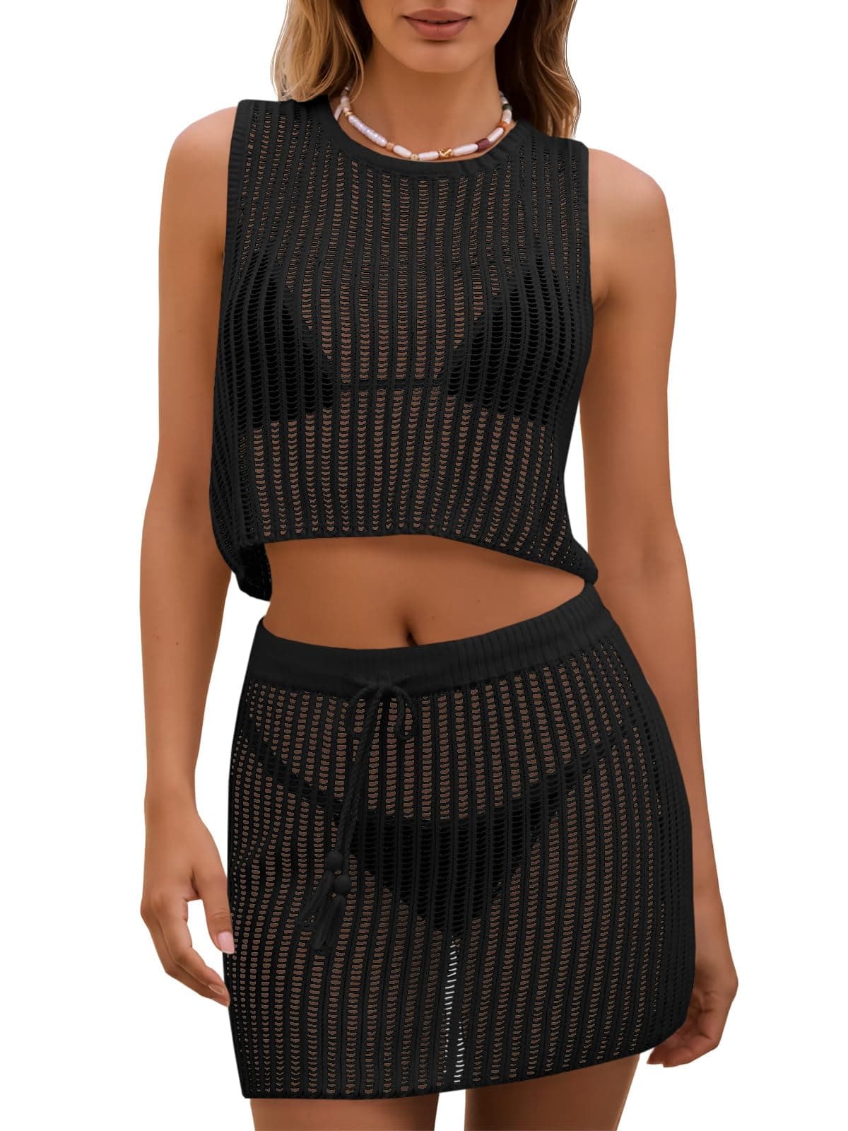 Fisoew Женски 2 Дел Crochet Sets Без Ракави Crop Tops color variant