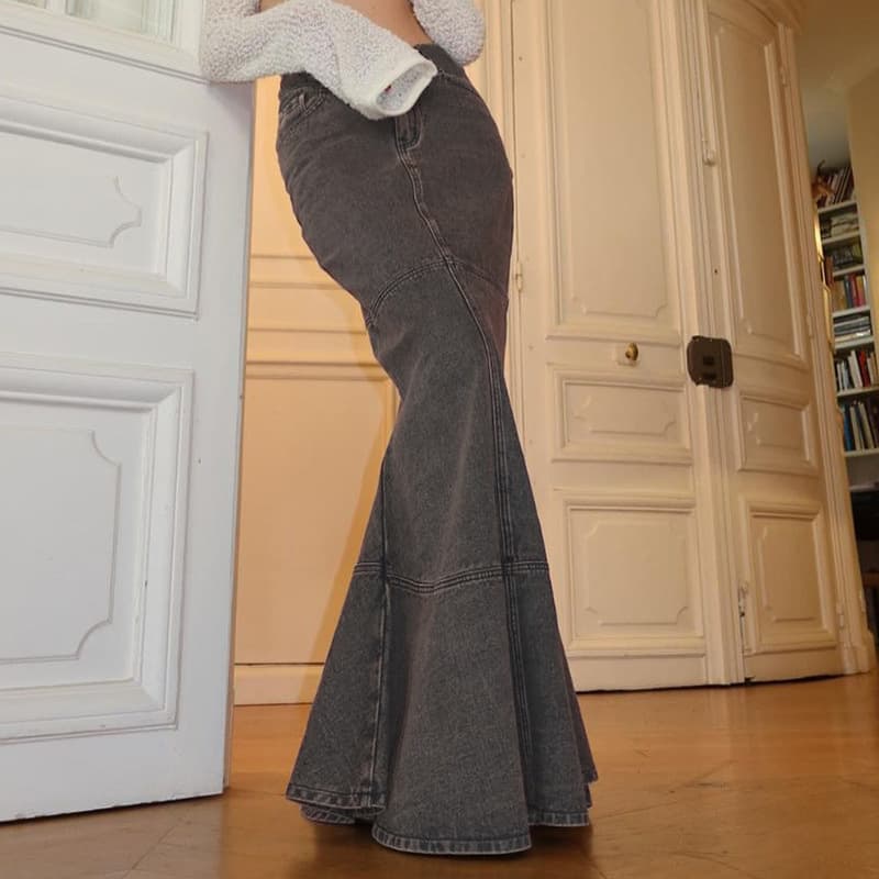 Basic Simple Gray Denim Split Splicing High-waist Mermaid 1