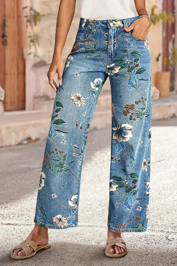 High Waist Straight Leg Jeans Vintage Floral Print Denim 1