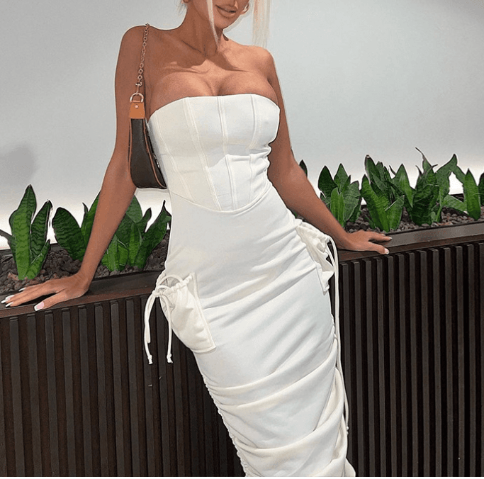 Узок A Јака Џеб Дизајн Струк Tенок Дамка Плисиран Фустан color variant