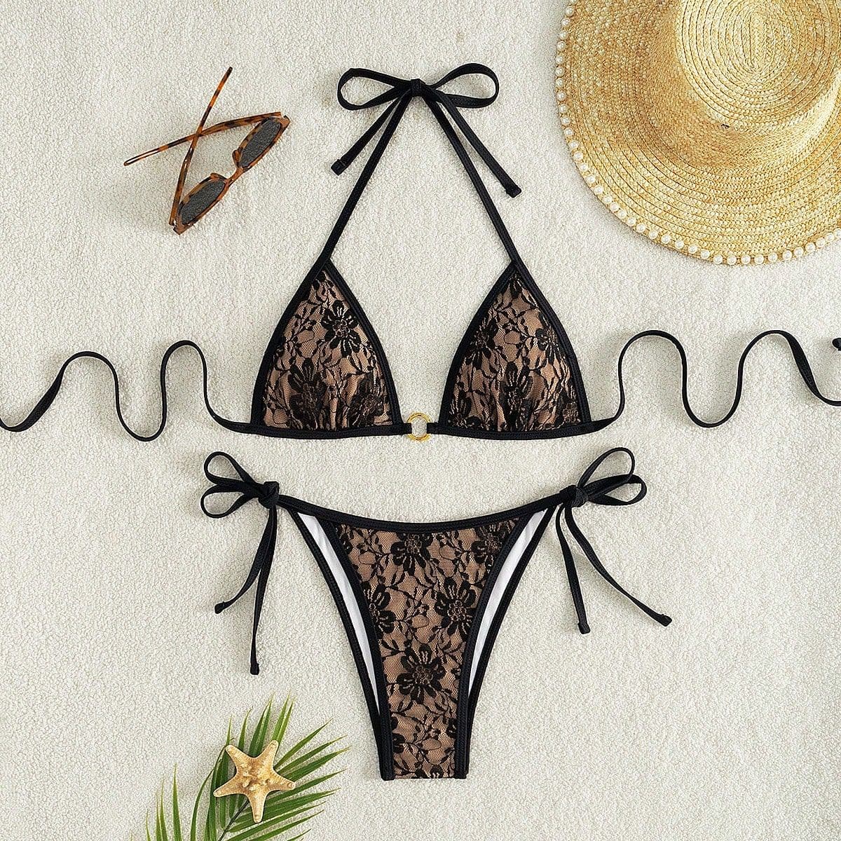 Секси Прилепен Без Грб Тантелски Triangle Bikini Сет со Трегери color variant