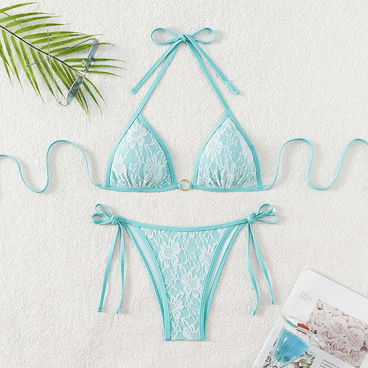 Секси Прилепен Без Грб Тантелски Triangle Bikini Сет со Трегери color variant