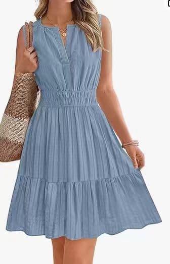 Прилепен-Струк Round-Деколте Мини V-Деколте Плисиран Памук-Ланен color variant