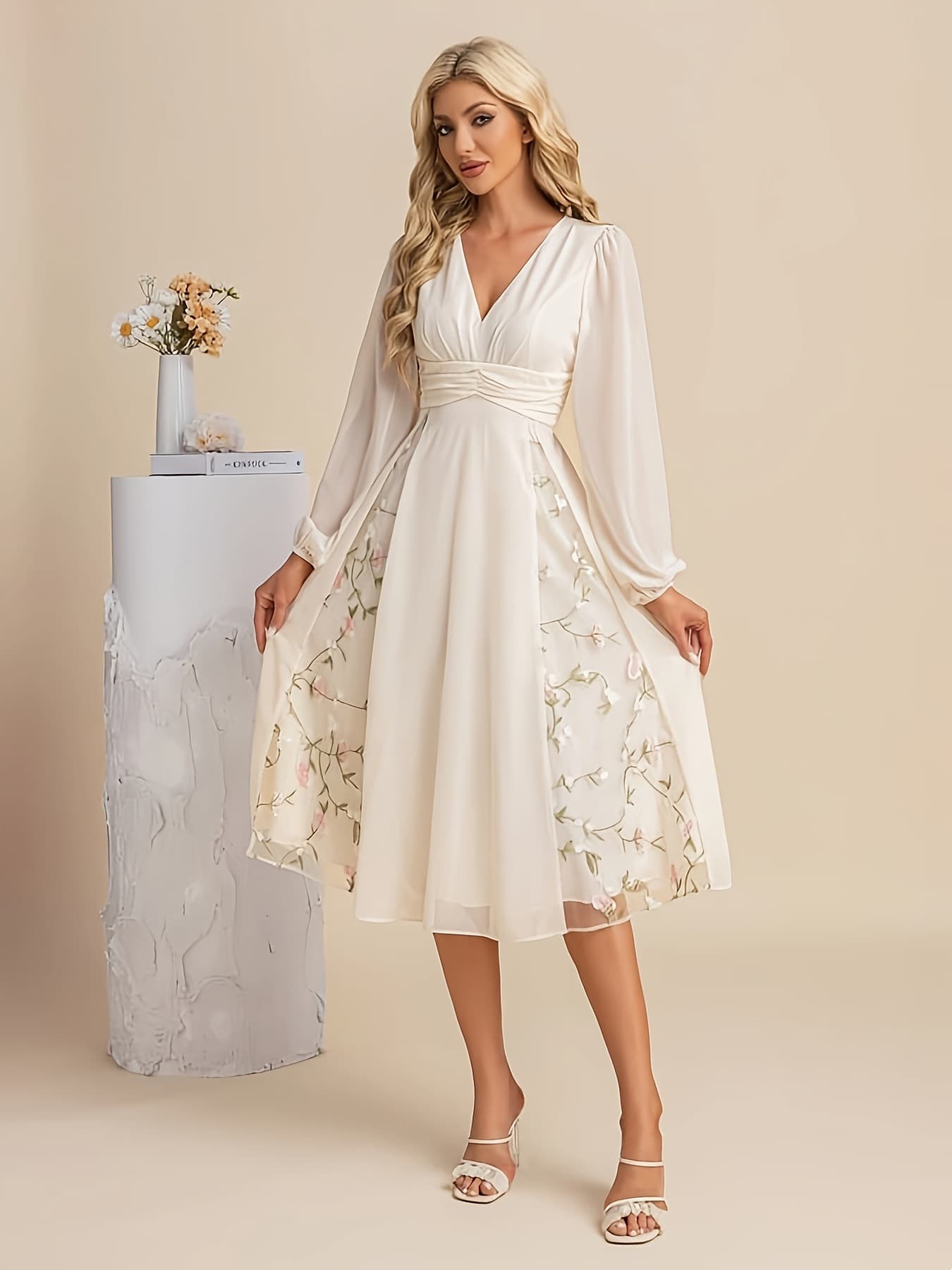 Цветен Долг-Ракав V-Деколте Плисиран Фустан за Женски color variant