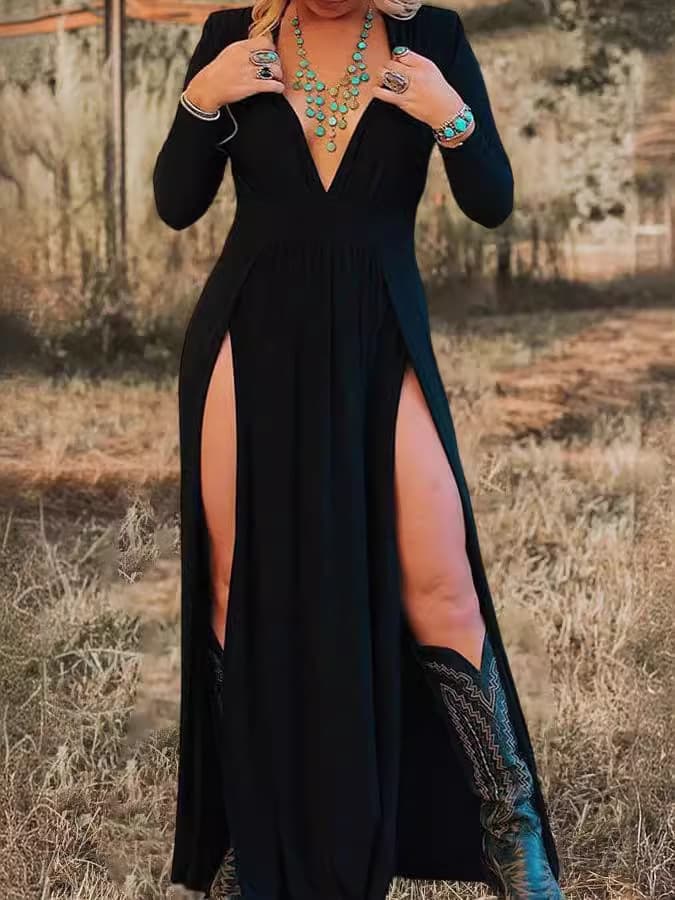 Долг-Ракав V-Деколте Еднобоен-Боја Шуплив- Фустан color variant