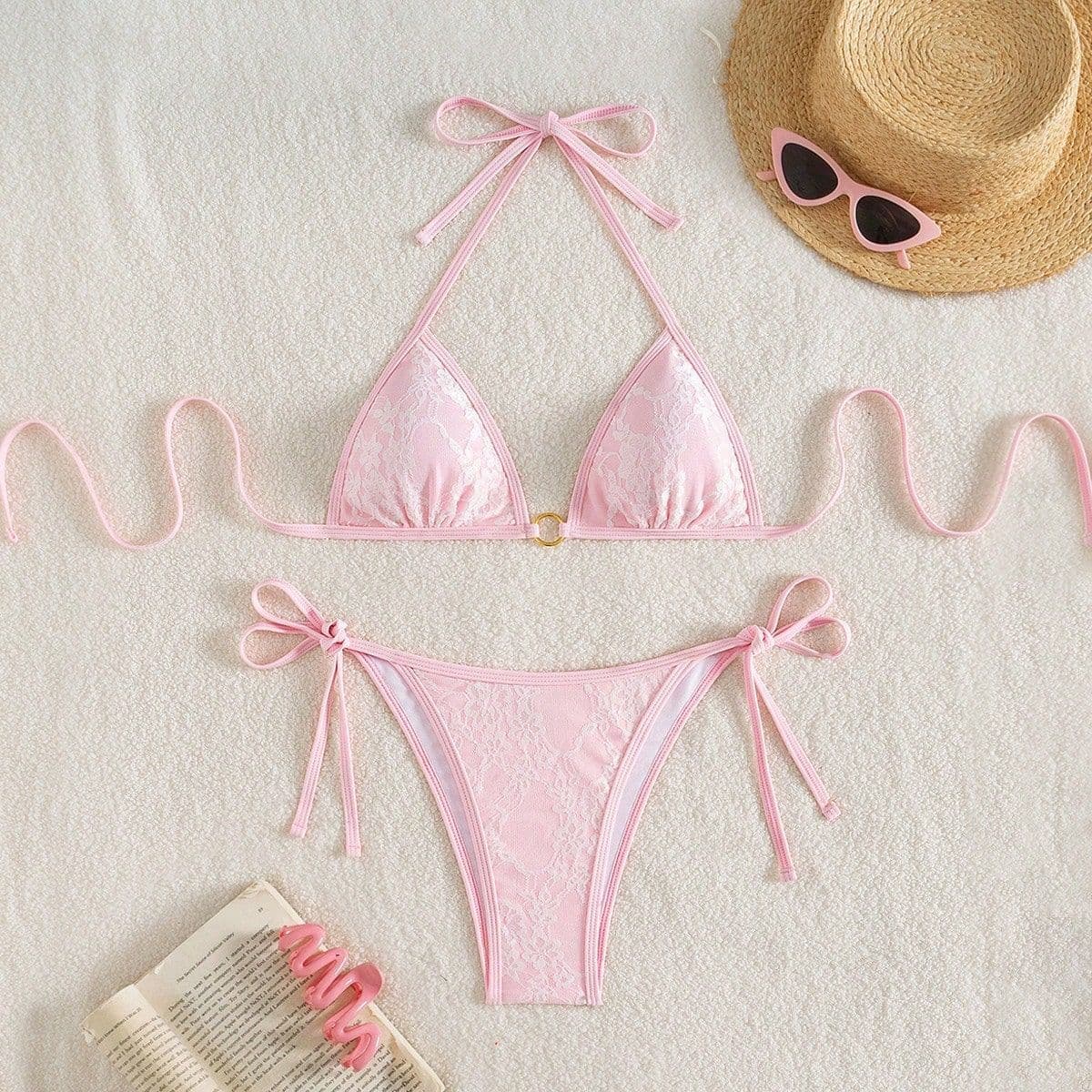 Секси Прилепен Без Грб Тантелски Triangle Bikini Сет со Трегери color variant