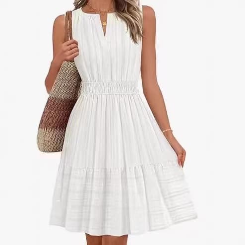 Fitted-waist Round-neck Mini V-neck Pleated Cotton-linen 1