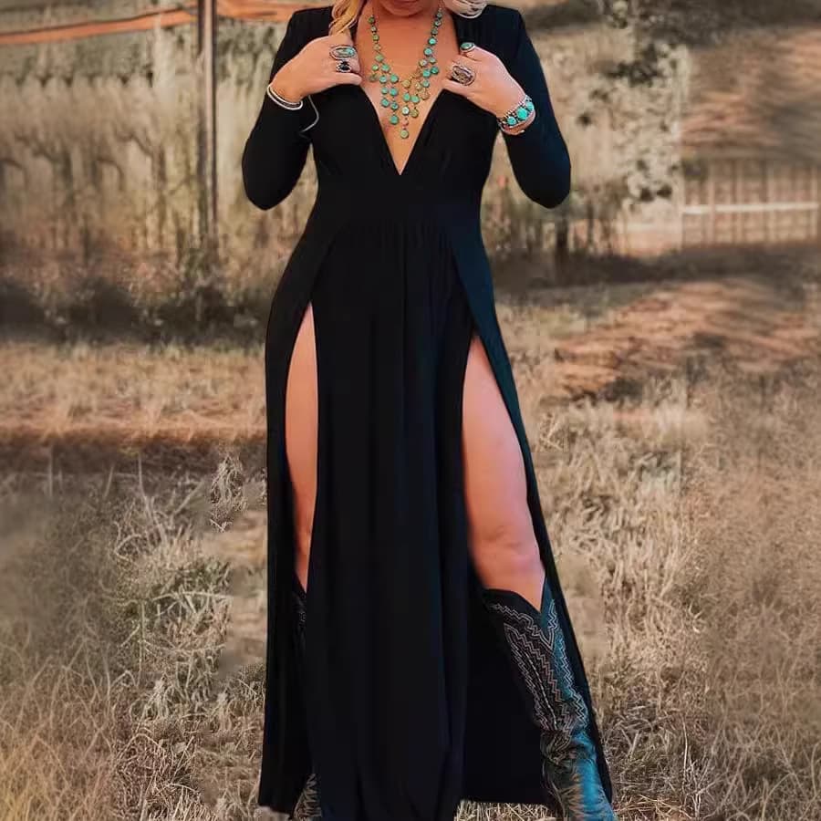 Long-sleeve V-neck Solid-color Hollow-out Dress 1