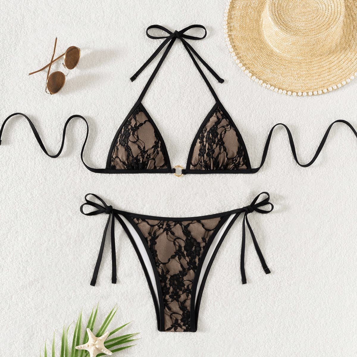 Секси Прилепен Без Грб Тантелски Triangle Bikini Сет со Трегери color variant